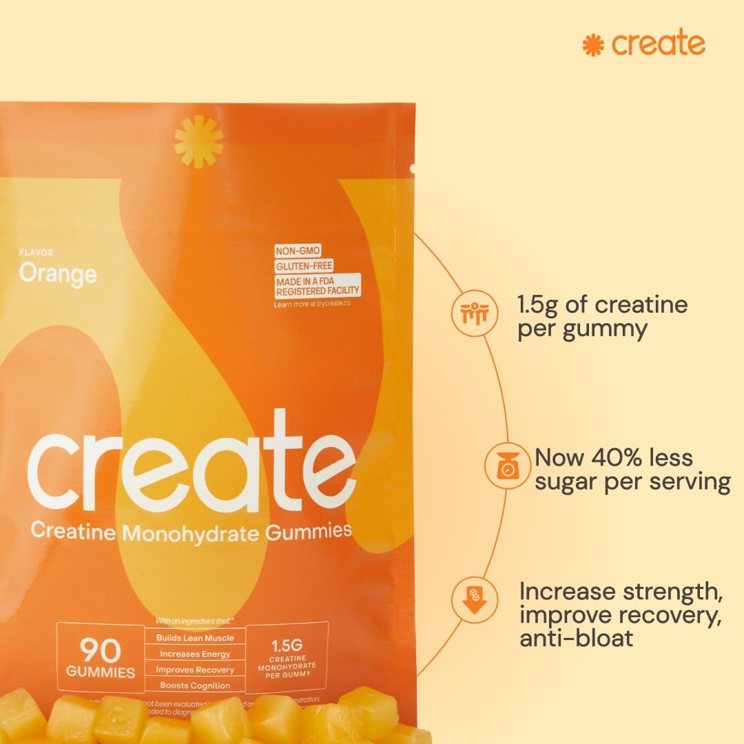 Create Creatine Monohydrate Gummies for Men & Women, Boost Focus, Strength, and Endurance, Anti-Melting Formula, Vegan, Gluten-Free, Non-GMO, 1.5g of Creatine per Gummy (Orange, 90ct)