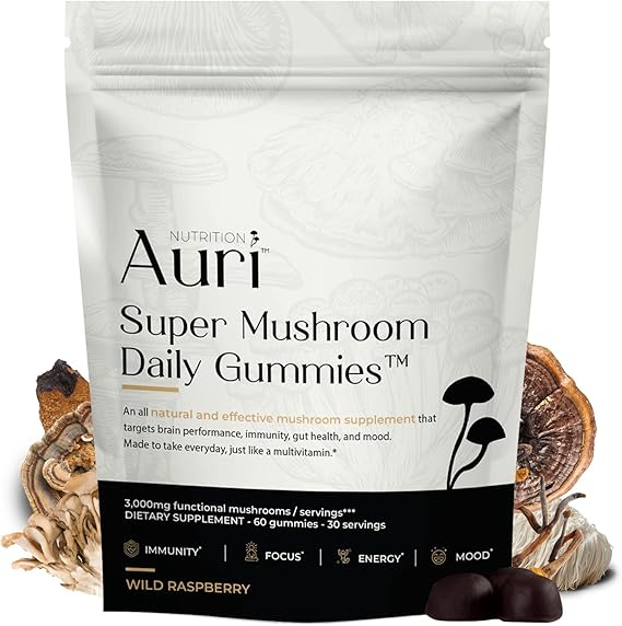 Auri Super Mushroom Daily Gummies - All-in-One Daily Mushroom Supplement Gummy - 12 Mushroom Blend with Chaga, Lions Mane, Reishi, Cordyceps - 60 Gummies