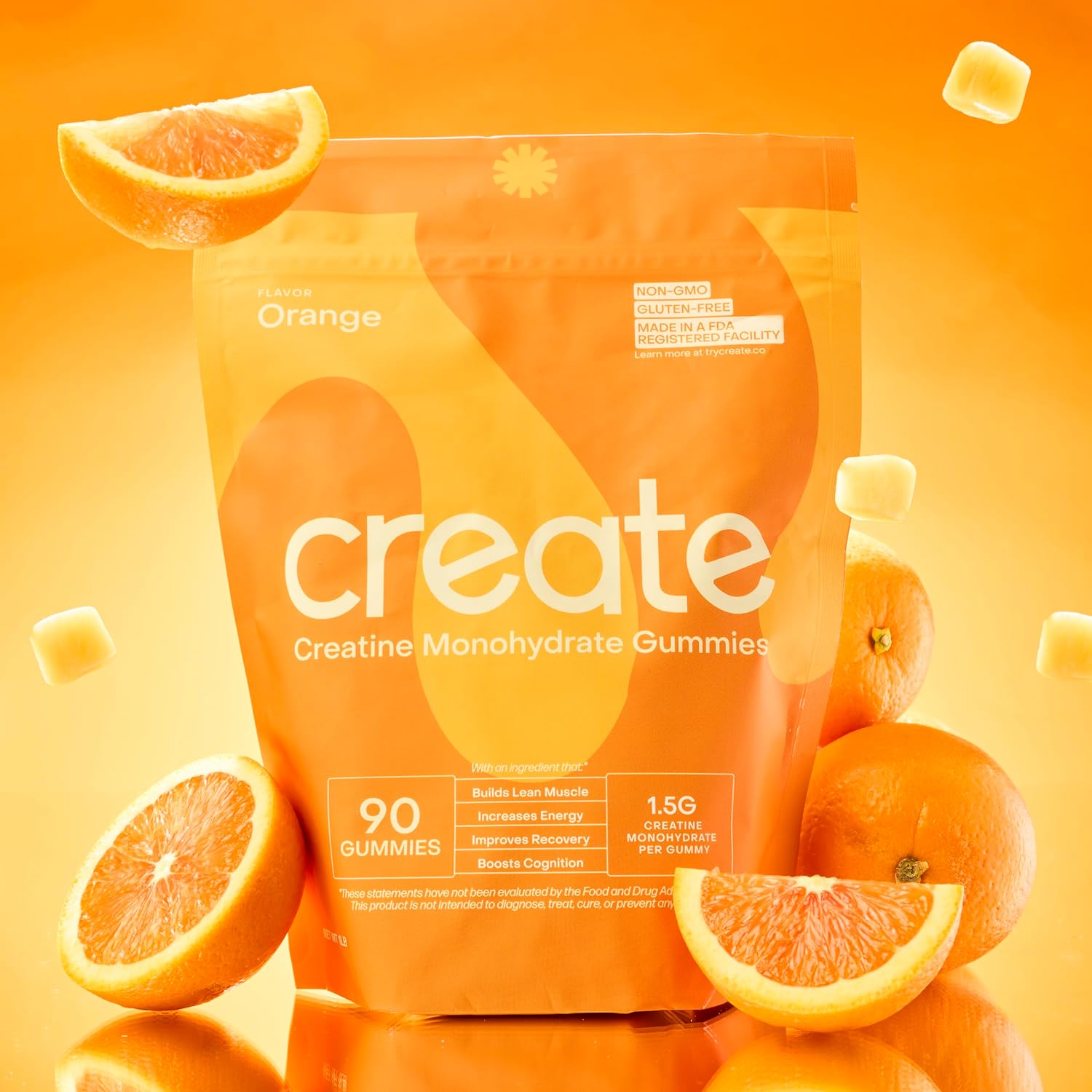 Create Creatine Monohydrate Gummies for Men & Women, Boost Focus, Strength, and Endurance, Anti-Melting Formula, Vegan, Gluten-Free, Non-GMO, 1.5g of Creatine per Gummy (Orange, 90ct)